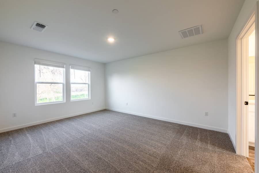 A room with a carpet and windows.
