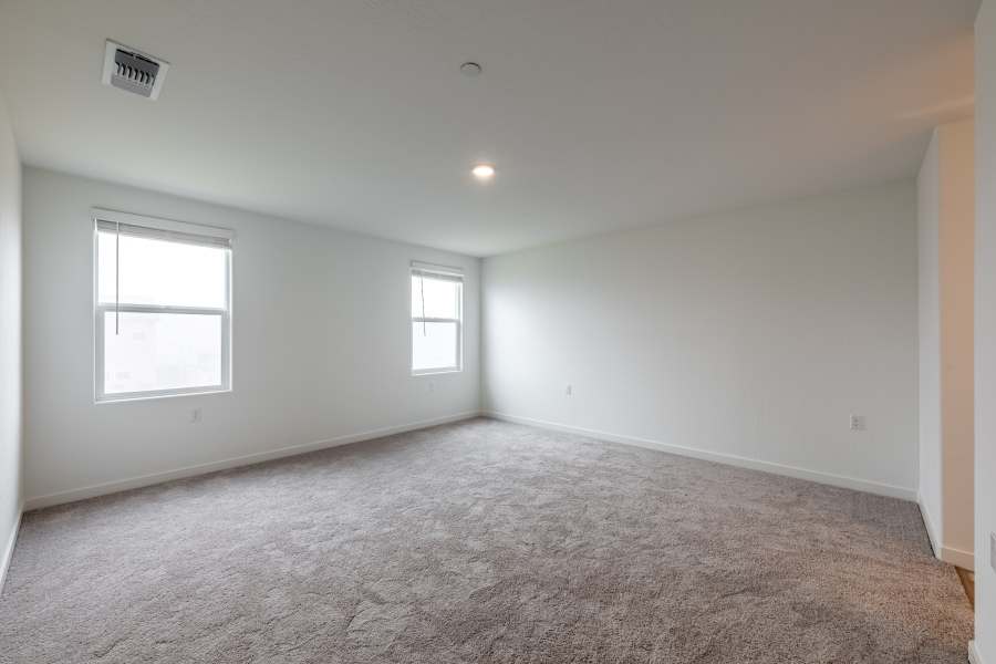 A room with a carpet and windows.