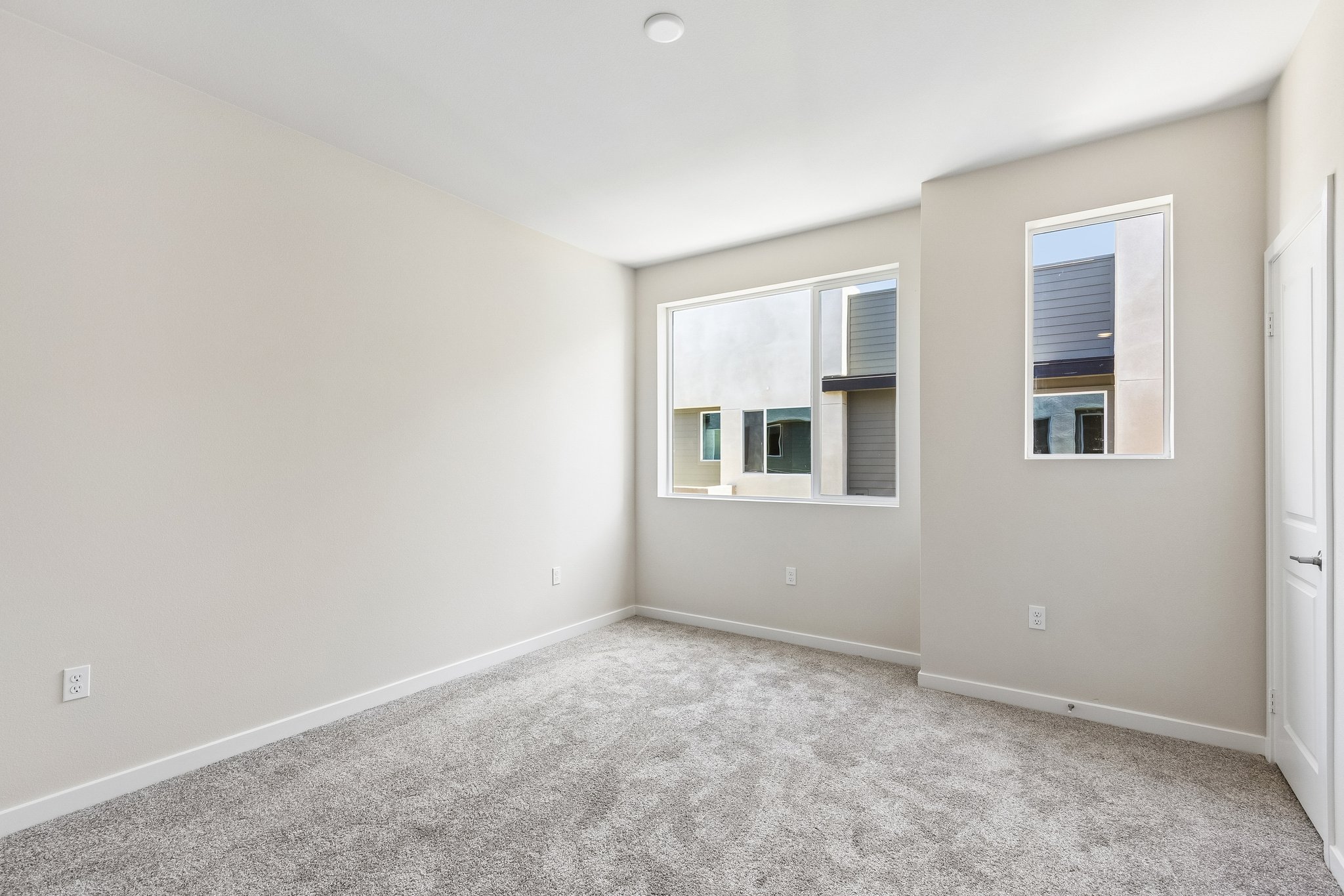 A room with a carpet and windows.