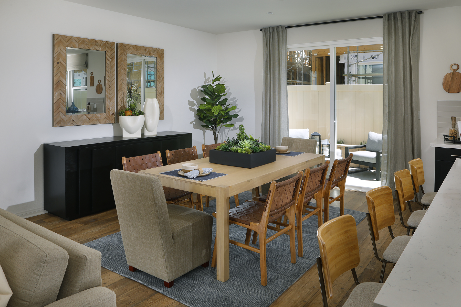 A dining room with a fireplace.