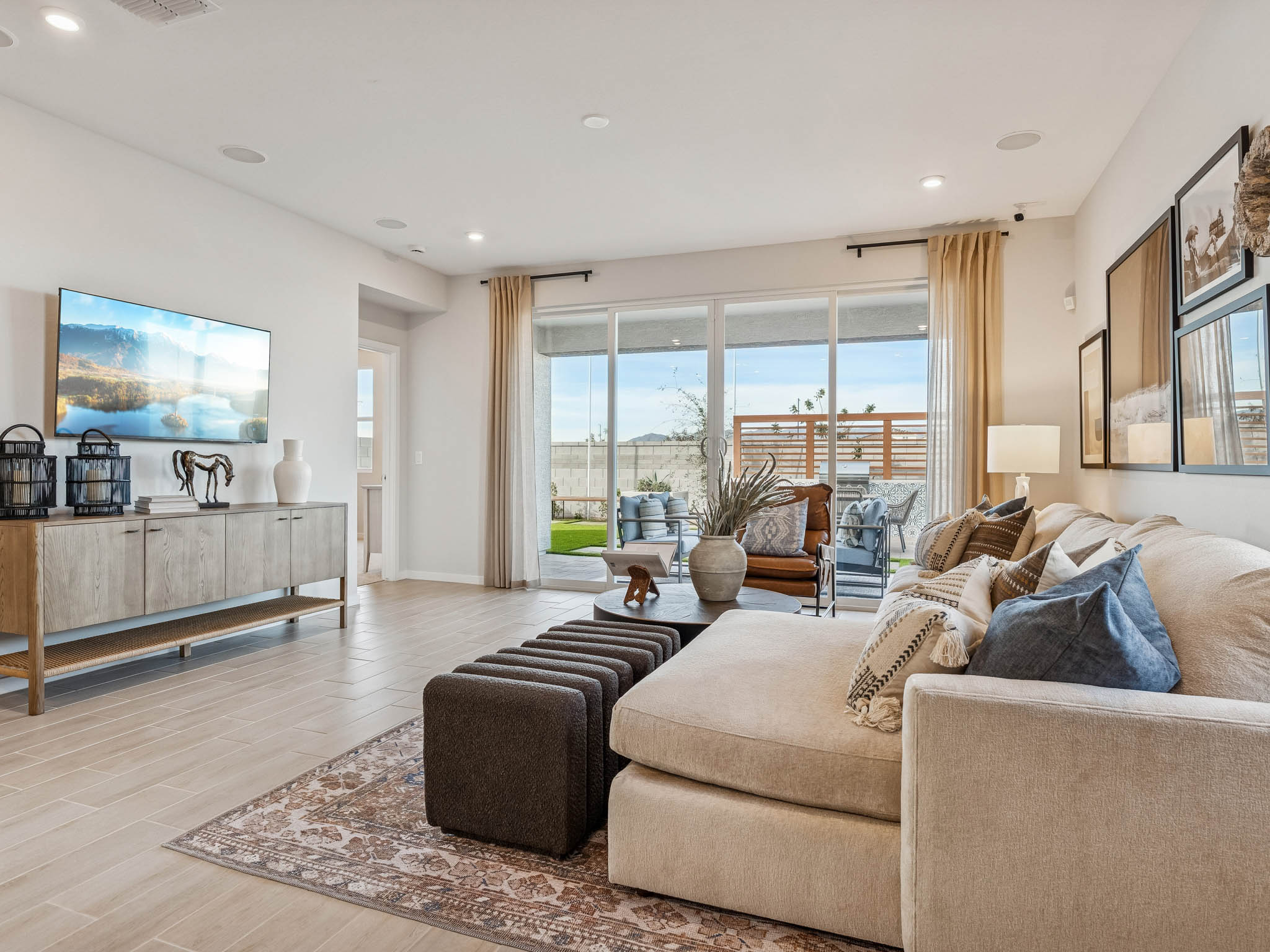 A living room with a large window.