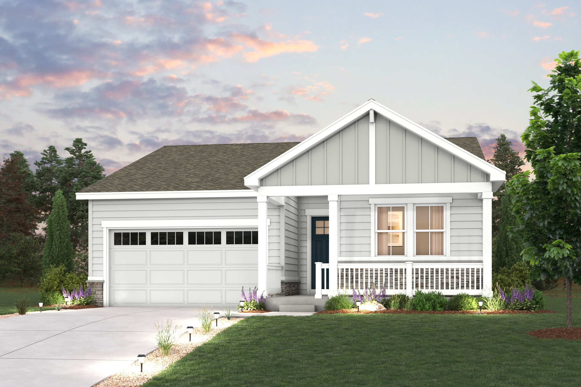 A house with a garage and trees. Cimarron Floorplan, Elevation A