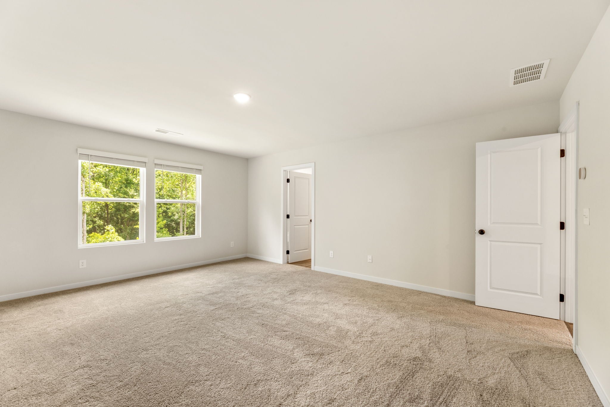 A room with a carpet and a door.