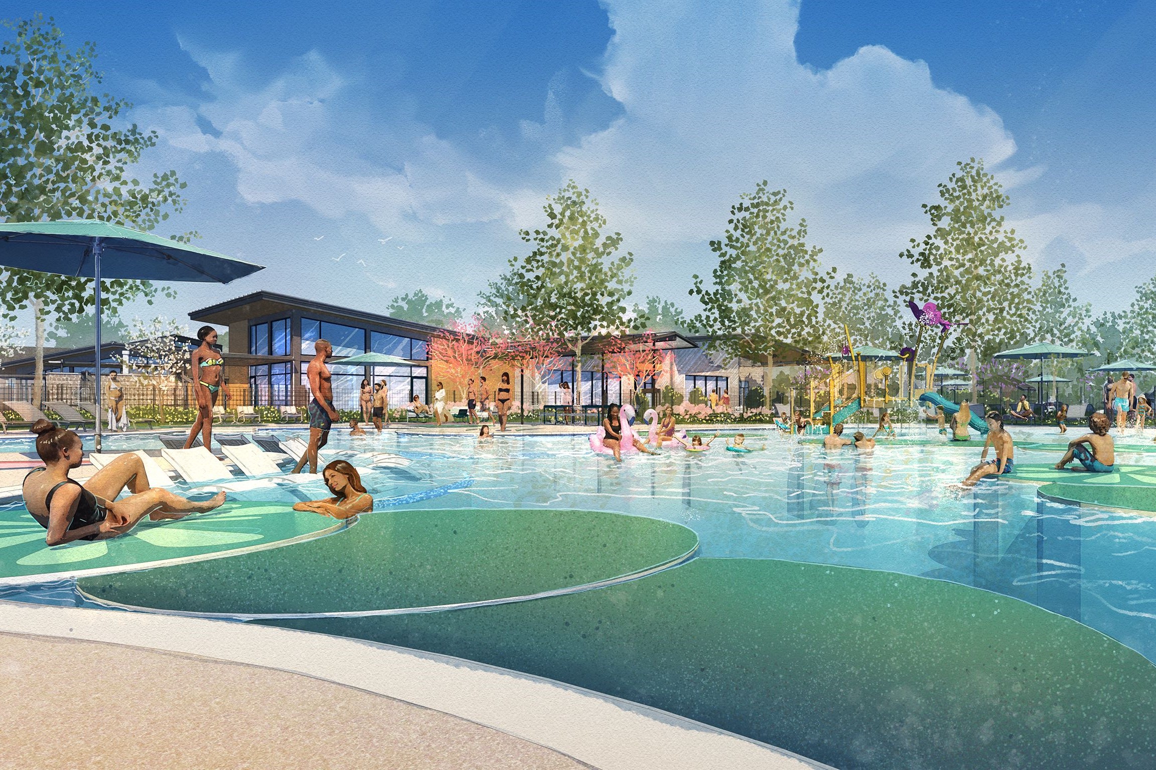 A group of people in a swimming pool.