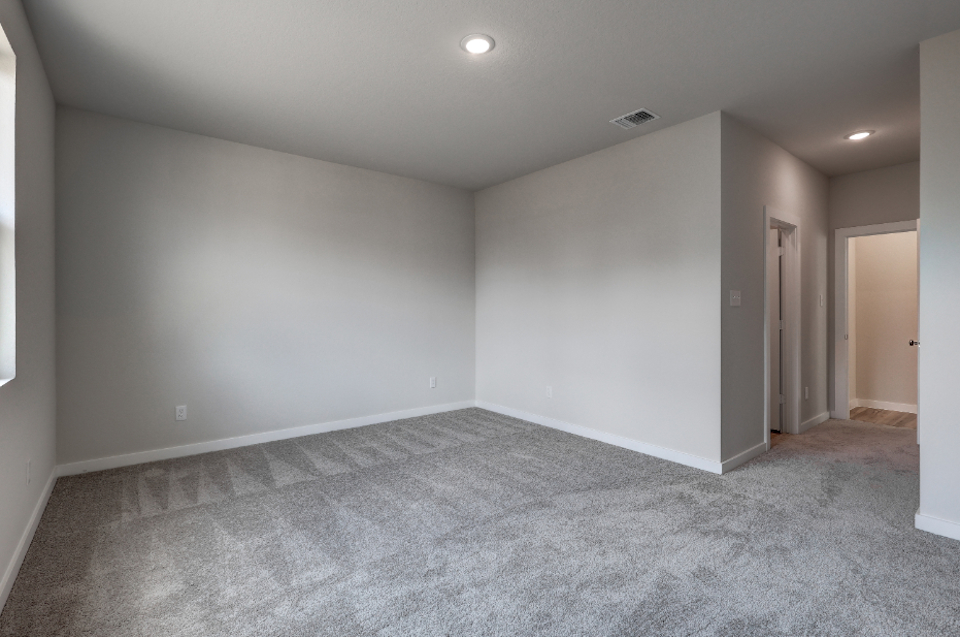 A room with a carpet and a door.