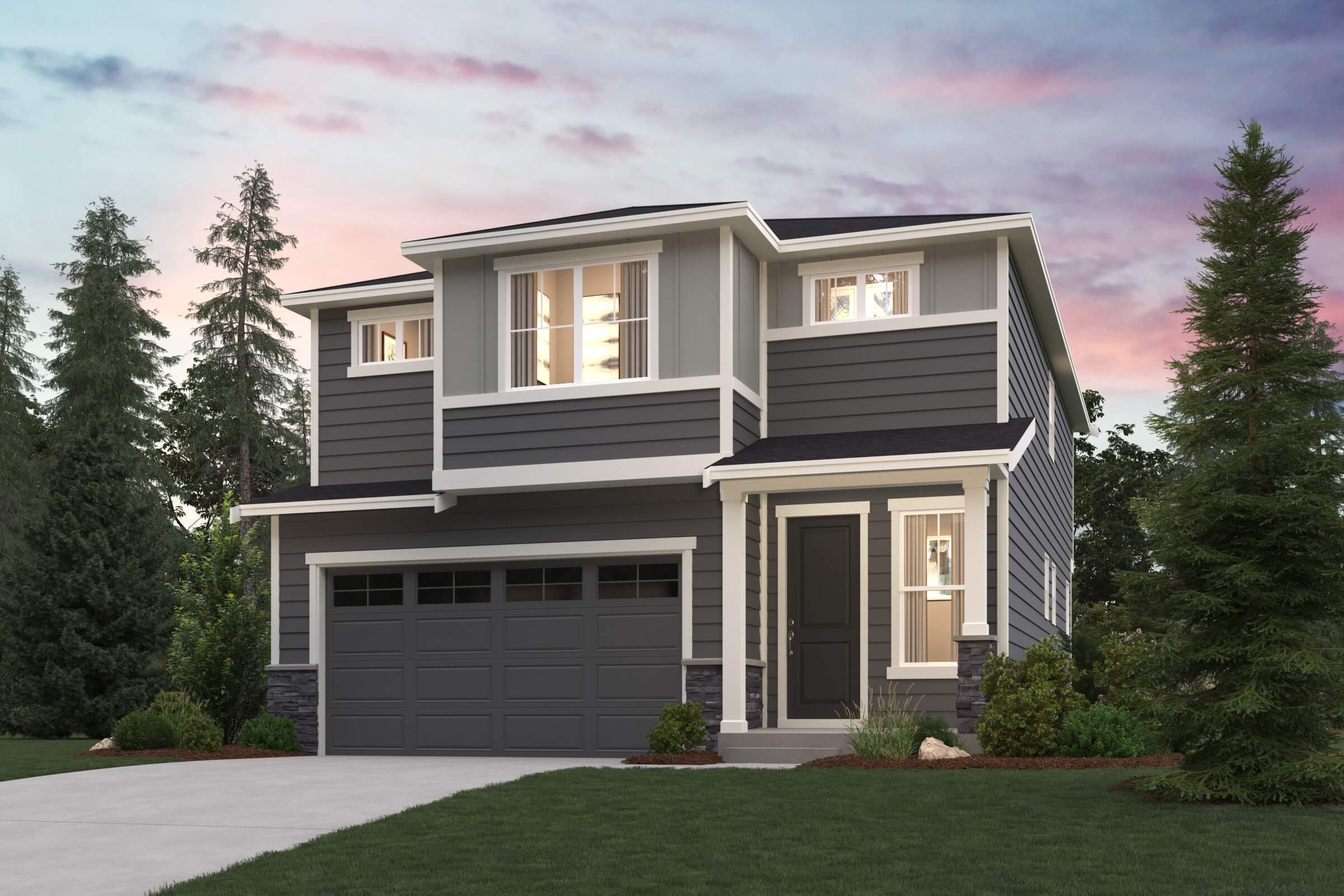 A house with a garage and trees around it.