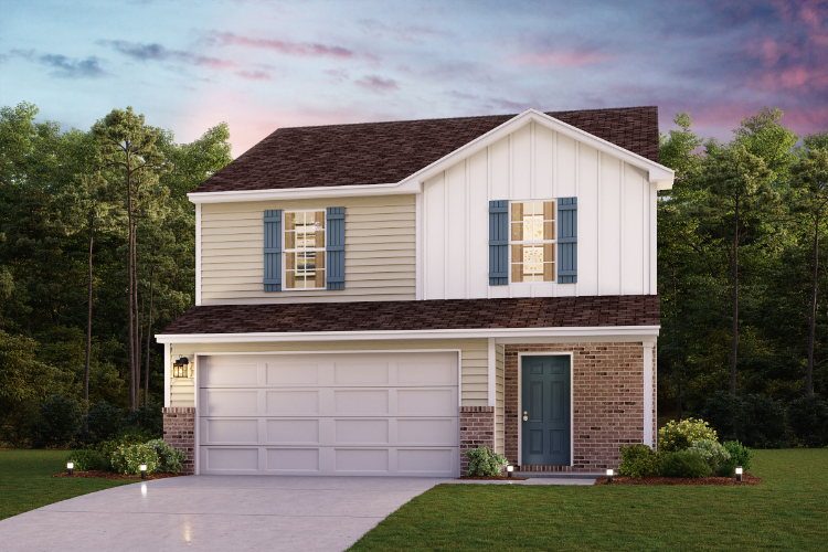 A house with a driveway and trees.