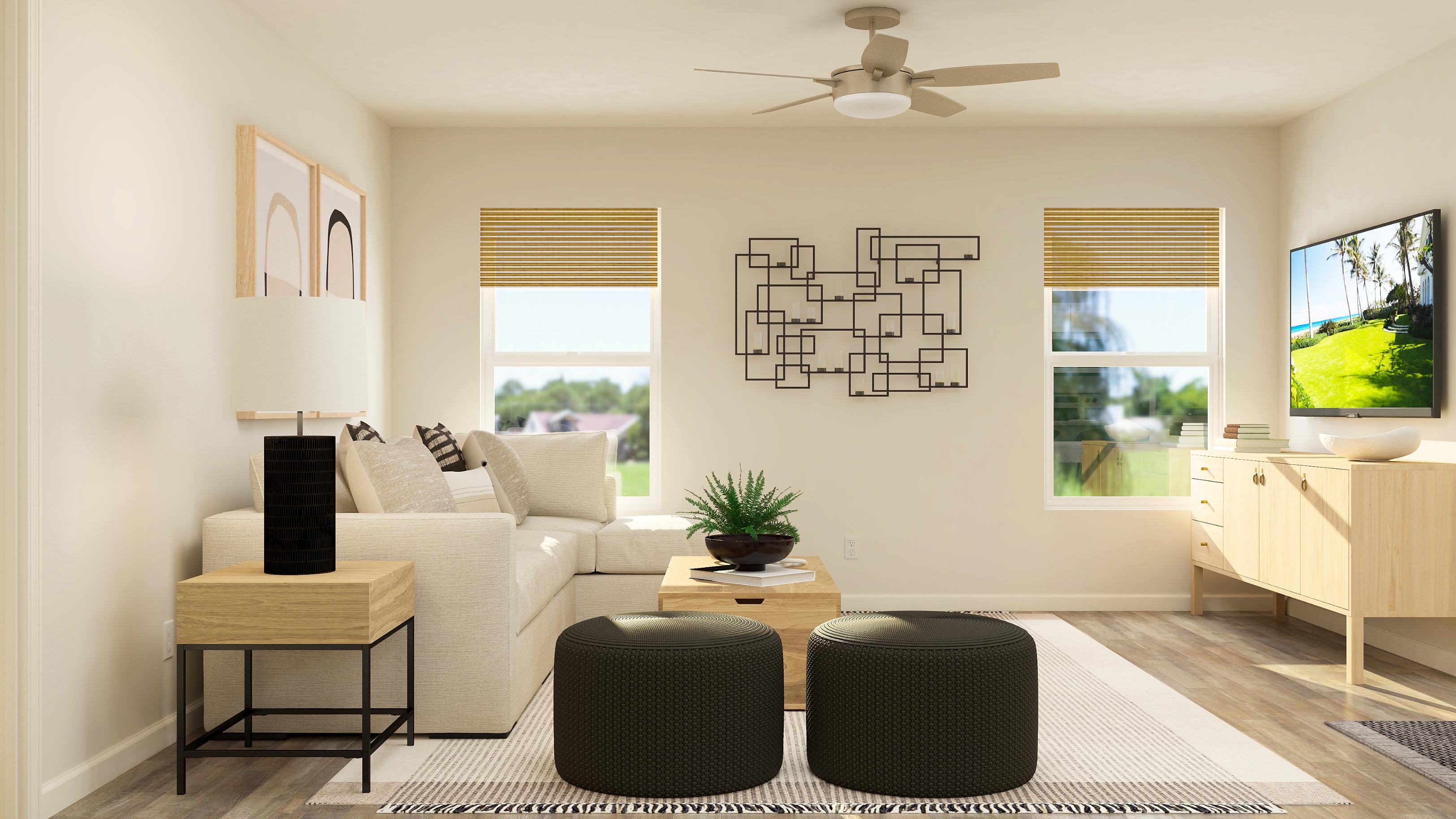 A living room with a couch and a table.